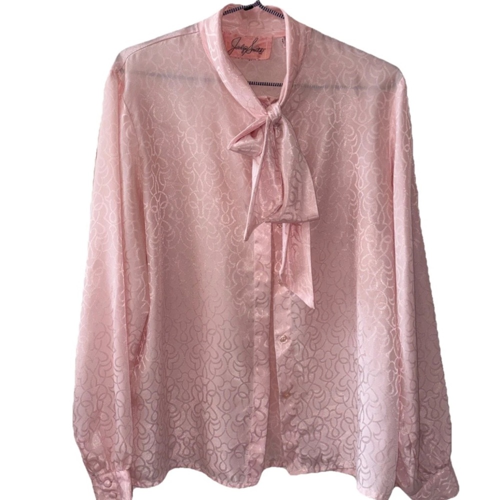 Vintage Jaclyn Smith Pink Blouse Ruffle Bow Neck Tie Scarf Paisley Print Sz14